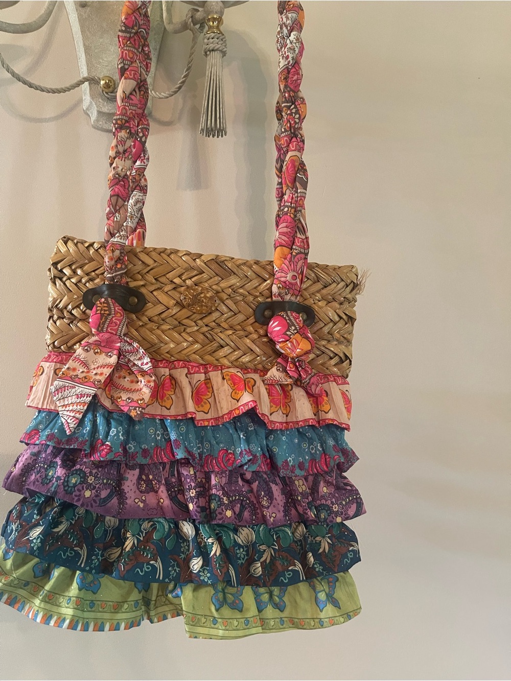 Capelli of New York Multicolor Ruffle Straw Shoulder Bag